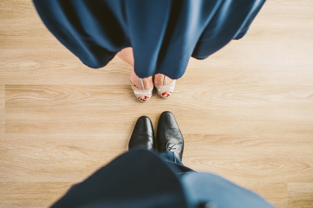 suit couple blue shoes