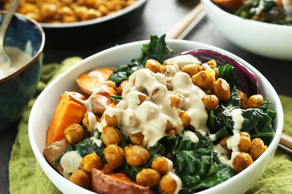 AMAZING Sweet Potato Chickpea Buddha Bowl with Kale Red Onion and a STUNNING Tahini maple sauce vegan glutenfree dinner