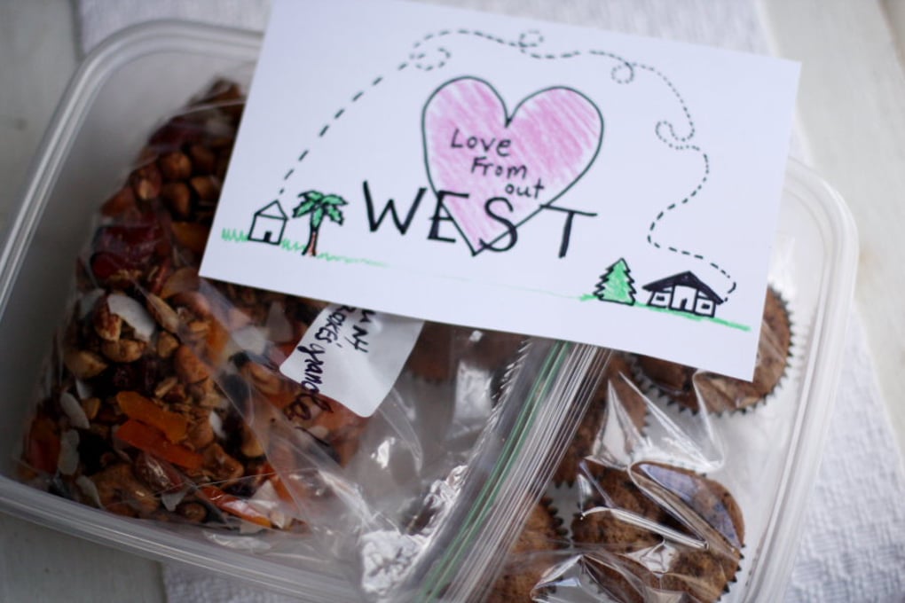 care package with sign