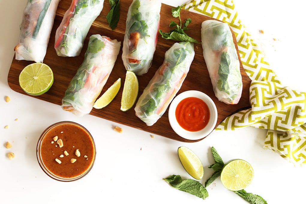 30 minute Vietnamese Vegan Spring Rolls with Crispy Almond Tofu and Almond Butter Dipping Sauce vegan