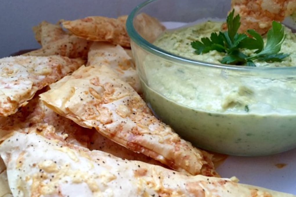 white bean dip and phyllo dough crisps