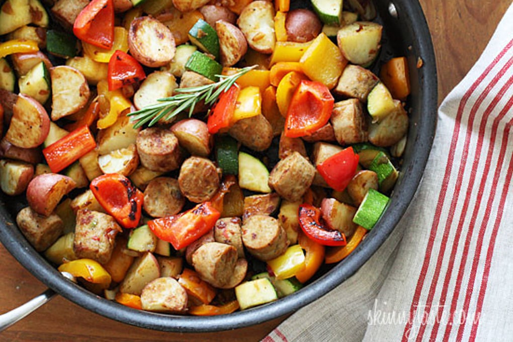 Sausage potatoes peppers and zucchini