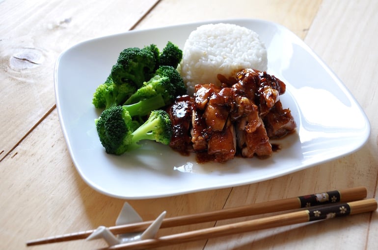 rice, pork, teriyaki, chicken, beef, sauce, meat, vegetable, broccoli