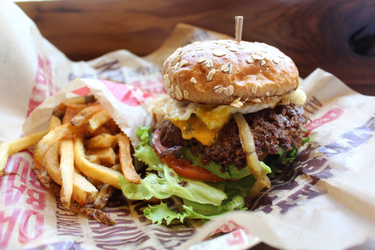 bacon, lettuce, hamburger, cheese, bun, beef