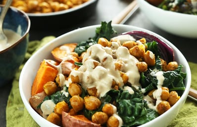 AMAZING Sweet Potato Chickpea Buddha Bowl with Kale Red Onion and a STUNNING Tahini maple sauce vegan glutenfree dinner