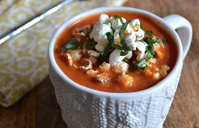 creamy tomato basil soup with popcorn croutons 4