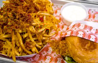 cheese fries and fried chicken sandwich
