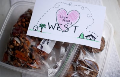 care package with sign