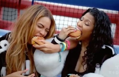 Beyonce and Nicki Feeling Myself Video Eating Burgers