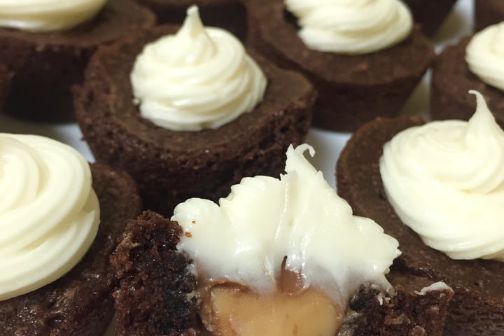 Rolo Brownie Bites with Caramel Cream Cheese Frosting