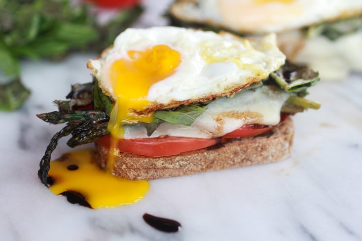 Roasted Asparagus Caprese Melt with Balsamic Drizzle and Fried Egg 81