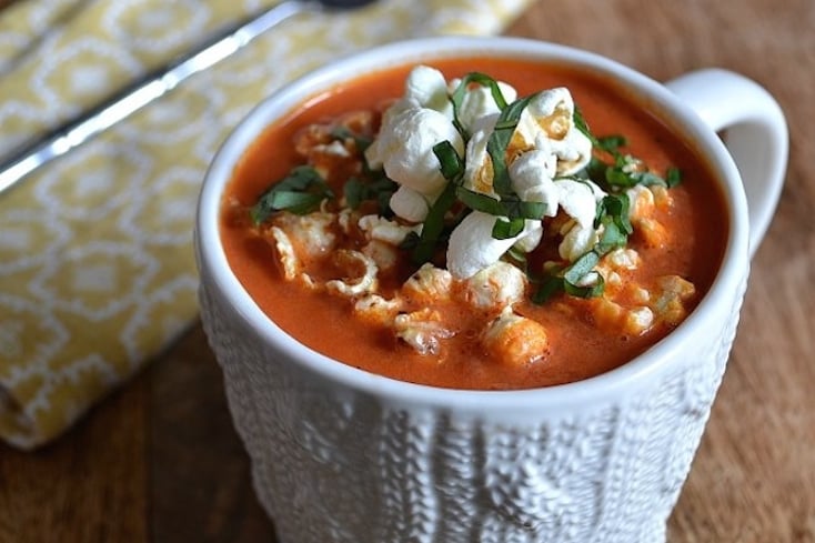 creamy tomato basil soup with popcorn croutons 4