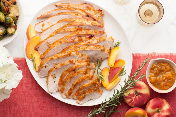 thanksgiving meal turkey nectarine meat slices ceramic plate food sauce