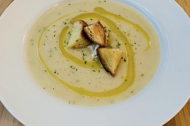 Potato Leek Soup with Herb Crme Frache and Truffle Croutons