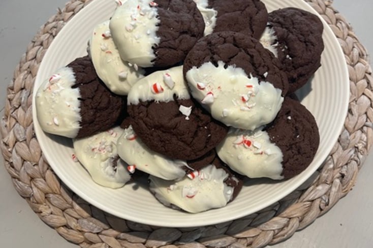 White Chocolate Dipped Peppermint Chocolate Cookies