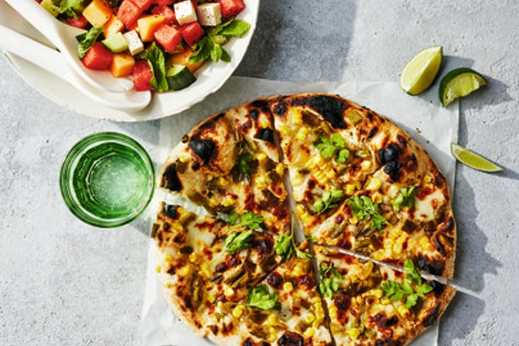 Up Your Pizza Game With Roasted Hatch Chile Pizza & Melon, Cucumber, Mint Salad 5 Roasted Hatch Chile Pizza with Corn and Oaxaca Cheese