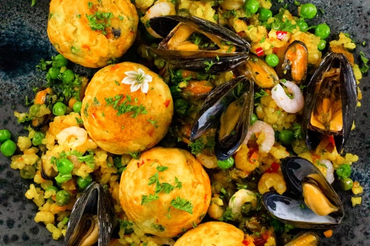 Saffron Rice Aebleskiver With Seafood Paella
