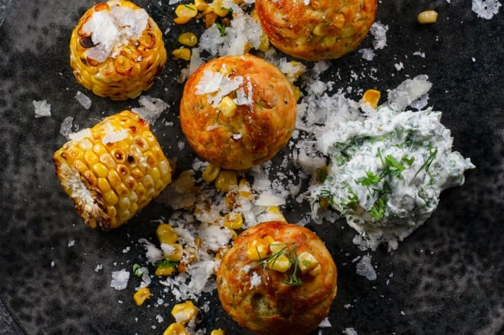 Ricotta Salata Aebleskiver with Grilled Corn and Fresh Herb Spread