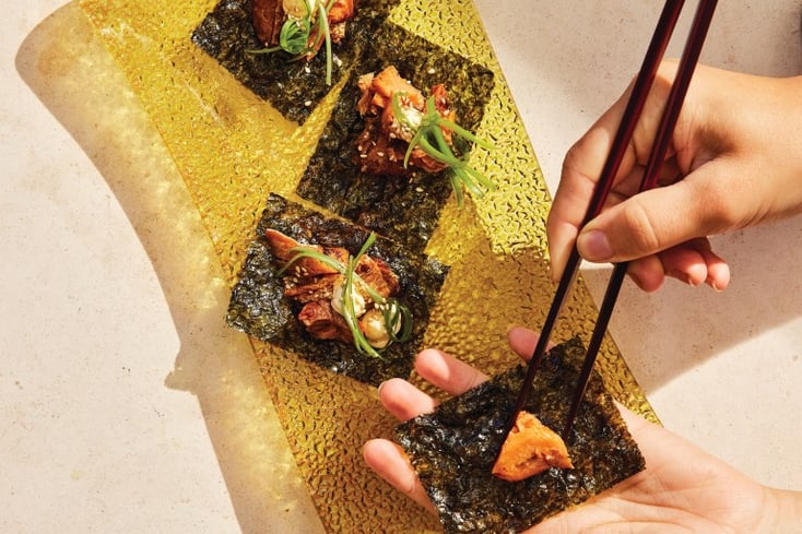 Seaweed Snacks With Chili Crisp Salmon, Mayo, Scallions, and Sesame Seeds