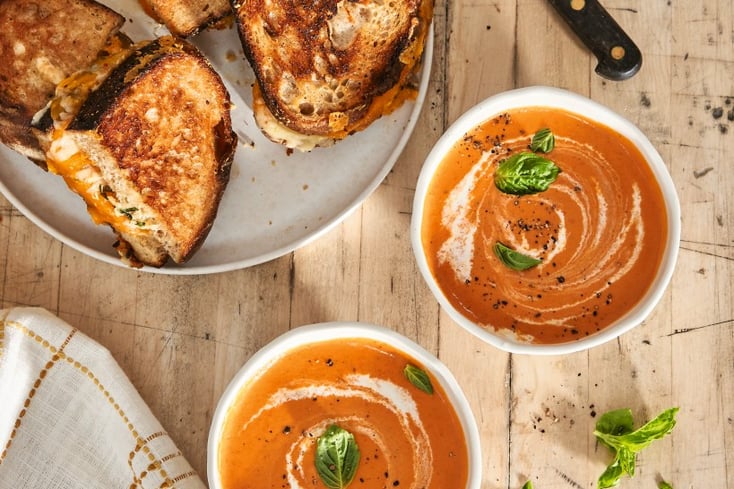 Tomato Soup with Garlic-Bread Grilled Cheese