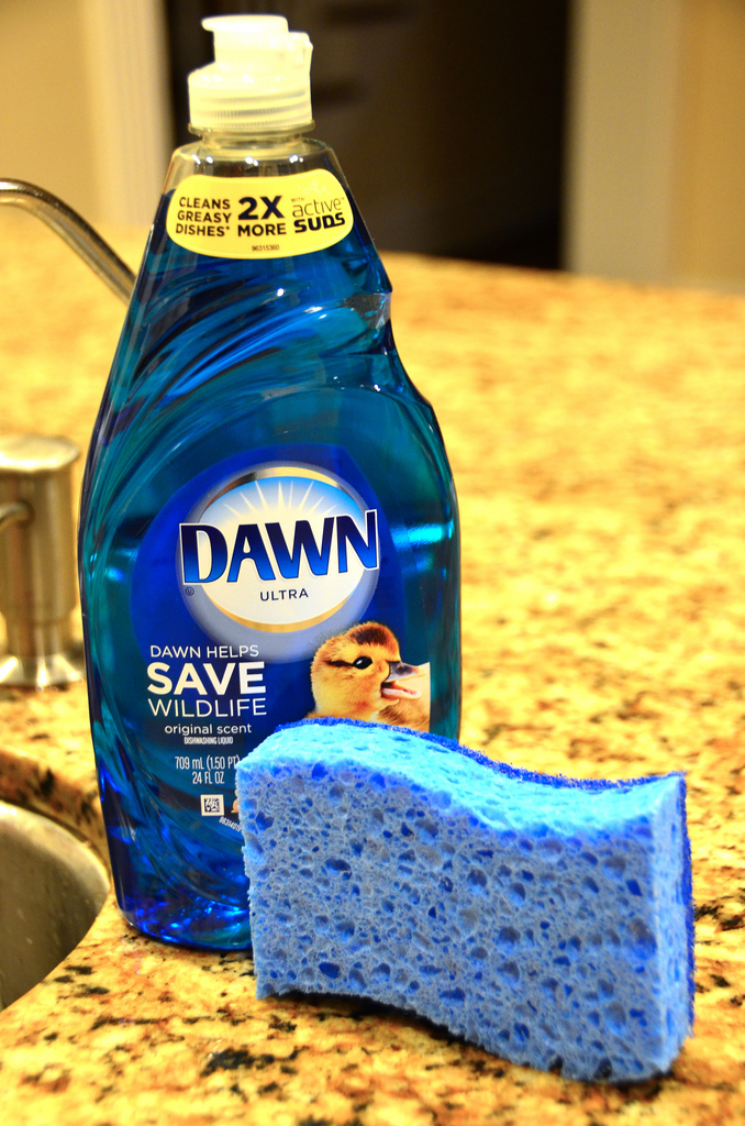 Microwave a sponge with dish soap to keep it smelling fresh